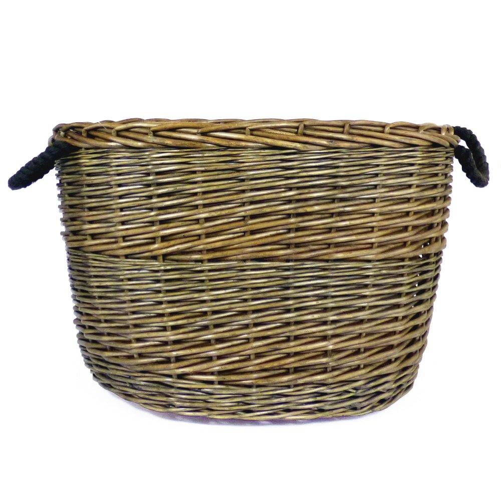 large hessian lined log basket oval rope handles wicker home storage