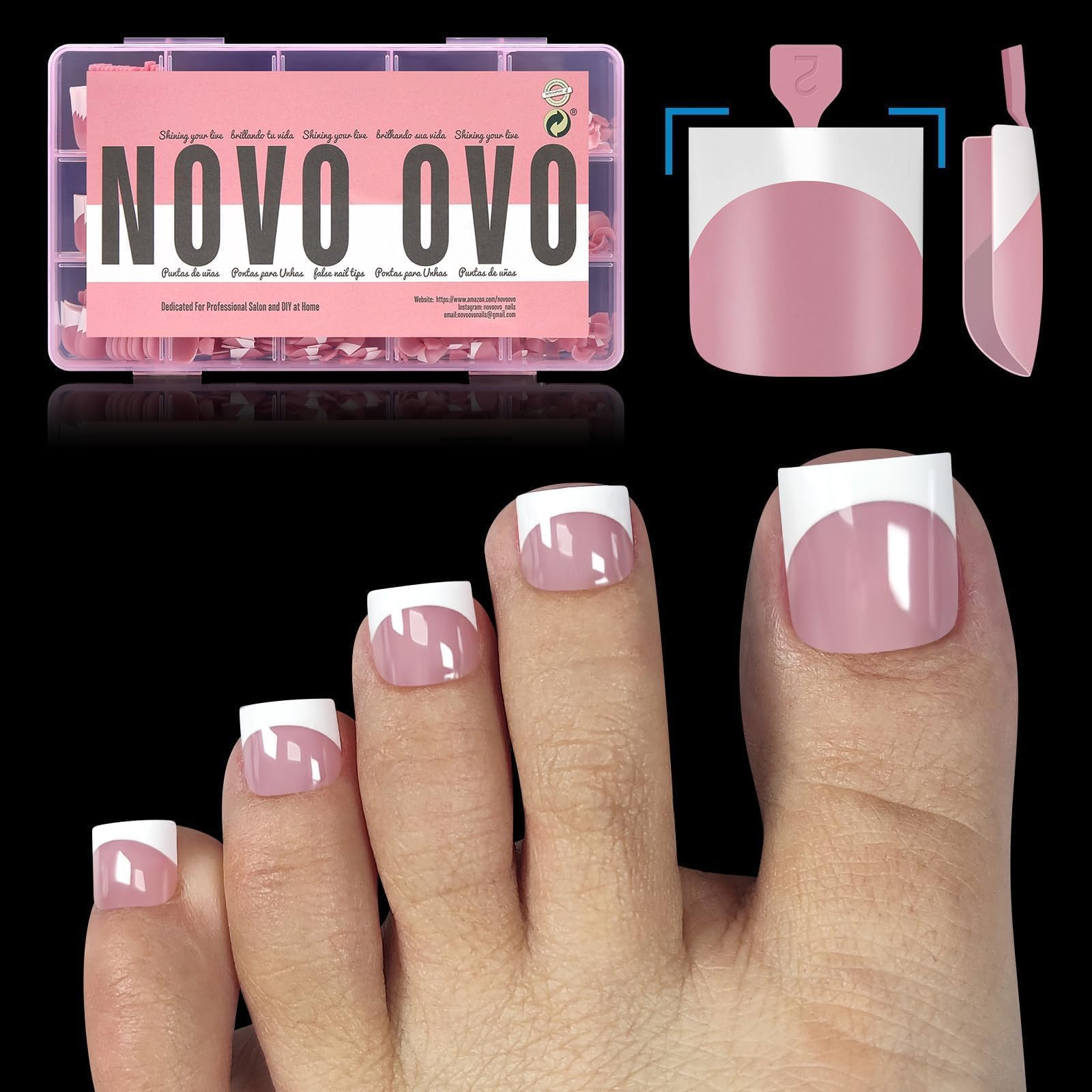 Photo 1 of NOVO OVO French Tip Toe Nail Tips Press on, Sharp Square Pre-Designed Soft Gel False Toenail Extension, BERRY PINK Pre-applied Tip Primer & Base Coat, Full Cover Acrylic for DIY x 15 Sizes 240 pcs