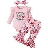 Noubeau My First Valentines Outfits Newborn Baby Girl Outfits Long Sleeve Ribbed Romper Heart Flare Pant Headband 3Pcs