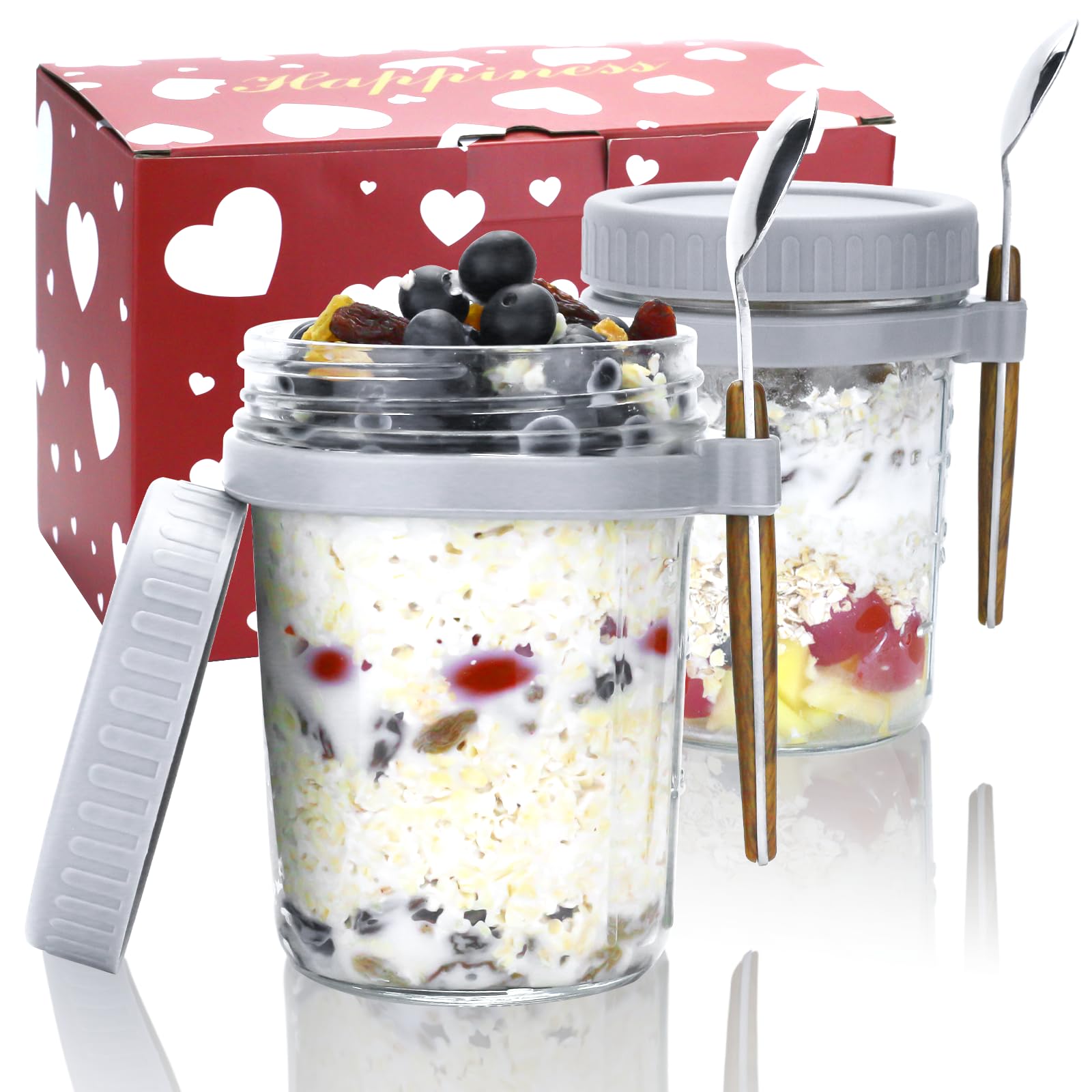 Kvittra Overnight Oats Containers with Lids and Spoons - 2 Pack Glass Mason Jars for Overnight Oats Oatmeal Chia Seed Pudding 10 oz Meal Prep Salad Jars Set for Breakfast Essentials