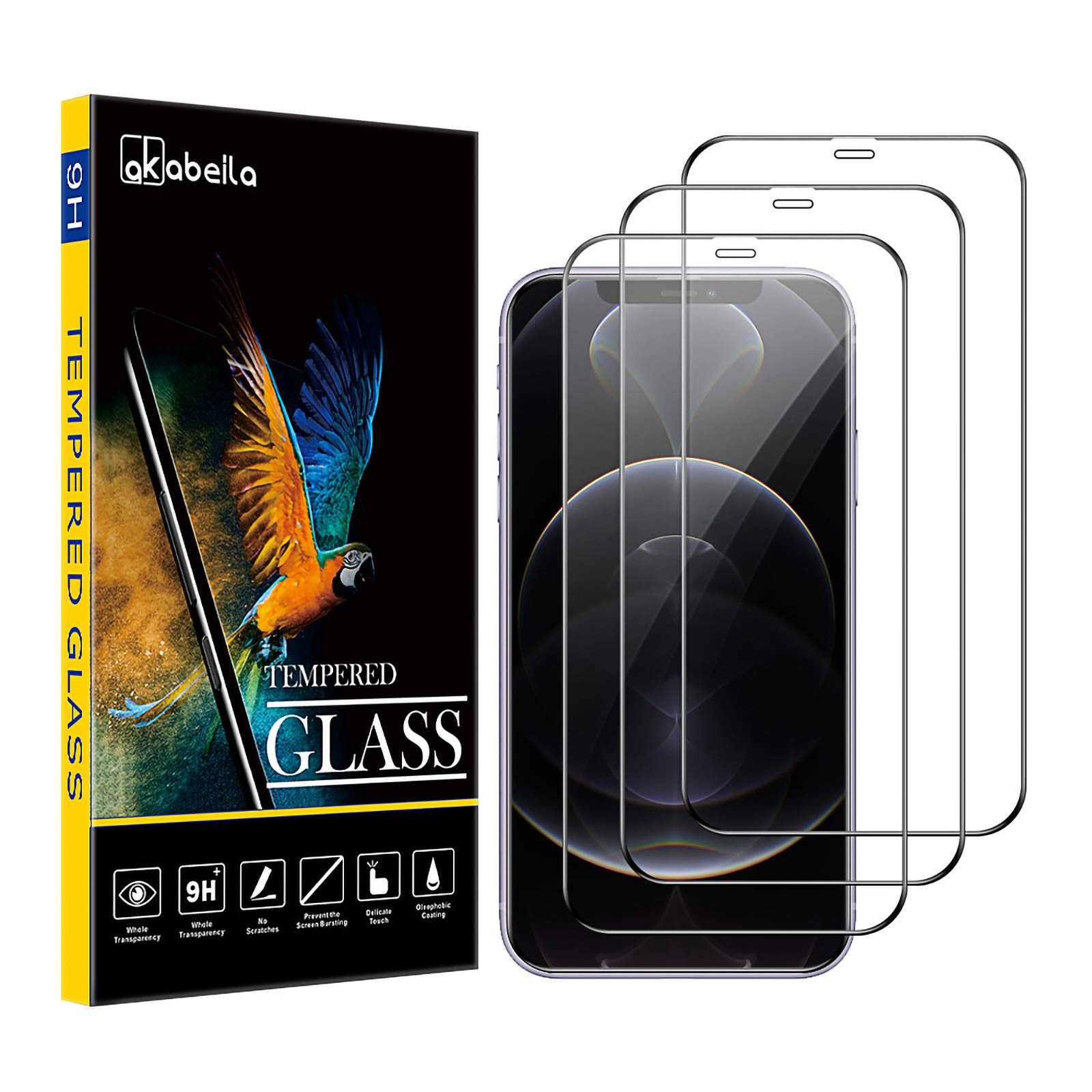 AKABEILA [3 Pack Screen Protector for iPhone 12 Pro/12 HD Tempered Glass Film 9H Hardness Case Friendly Easy Installation Anti Scratch Bubble Free Full Coverage