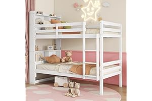 Ball & Cast Twin Over Twin Bunk Bed with Storage Shelves,Rubber Wood Twin Beds w/Guardrails and Ladder,for Kids,Can be Convertible 2 Beds,No Box Spring Required,White