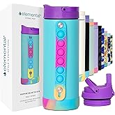 Elemental Iconic Kids Water Bottle with Straw Lid & Stress Relief Pop It Handle, Leak-Proof When Closed, Triple Insulated Kids Stainless Steel Water Bottle For Girls and Boys, 14oz - Blue Tie Dye