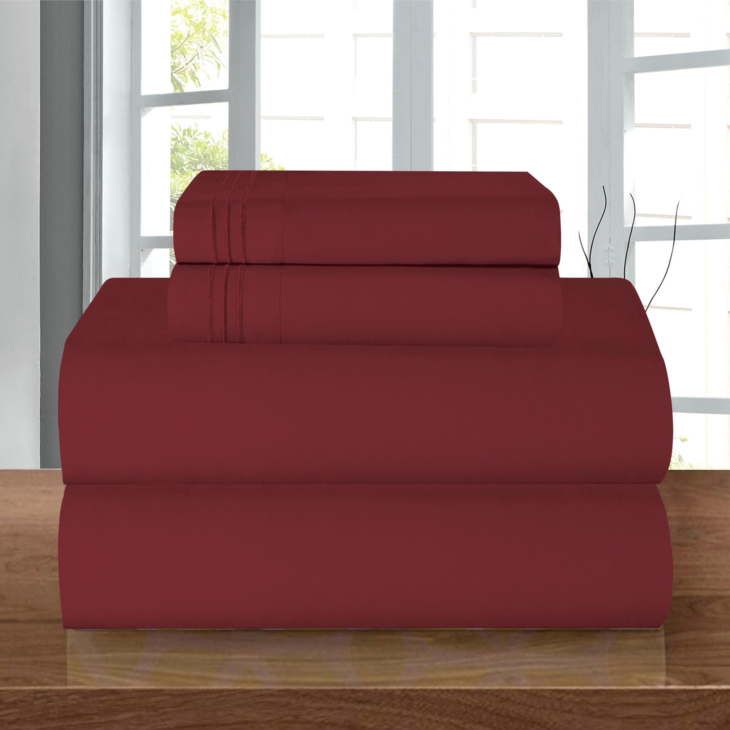Elegant Comfort Luxury 1500 Premium Hotel Quality Microfiber 4-Piece Sheet Set - Wrinkle Resistant, All Around Elastic Fitted Sheet, Deep Pocket up to 16", Twin/Twin XL, Burgundy