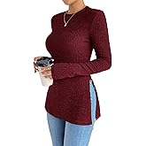 MakeMeChic Women's Long Sleeve Shirts Crew Neck Split Side Knit Loose Fit Lightweight Pullover Sweaters