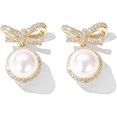 MIKAMU 14k Gold Ribbon Bow Stud Earrings for Women cubic zirconia Dainty Gold Plated Pearl Earring for Women Jewelry