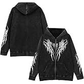 BeWithYou Goth Zip Up Hoodie Men Emo Grunge Graphic Hoodies Y2k Punk Streetwear Jacket Oversized Vintage Acid Wash Sweatshirt