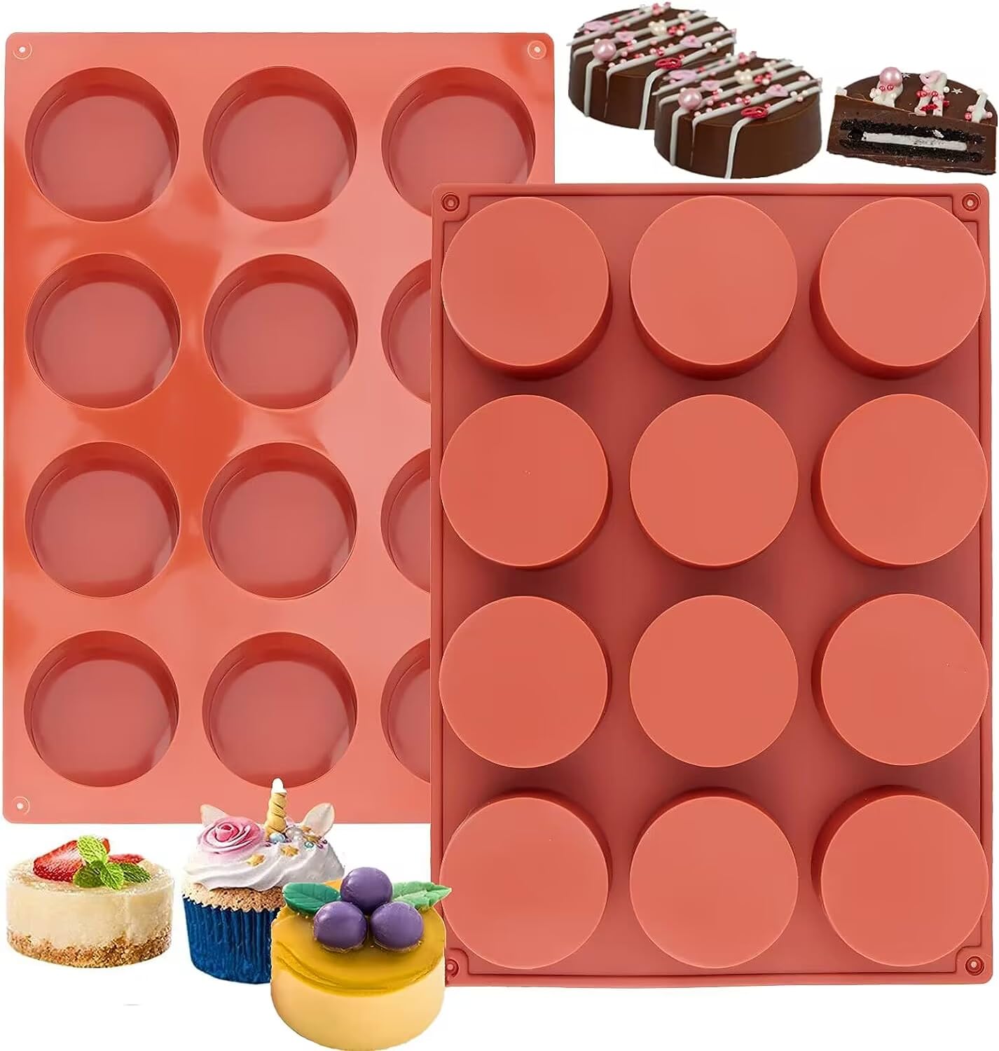 2PCS Round Cylinder Cookie Moulds, 12-Cavity Chocolate Candy Mold, Silicone Cake Baking Moulds for Sandwich Cookies Muffin Cupcake Soap Brownie Cake Bread Pudding and Jello