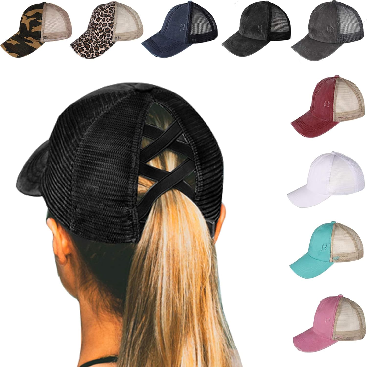 ZERDOCEAN Unisex Baseball Cap, Distressed Ponytail Messy Bun Criss Cross Baseball Hats Adjustable Washed Dad Hat Trucker Mesh Sun Hat Black at  Women’s Clothing store