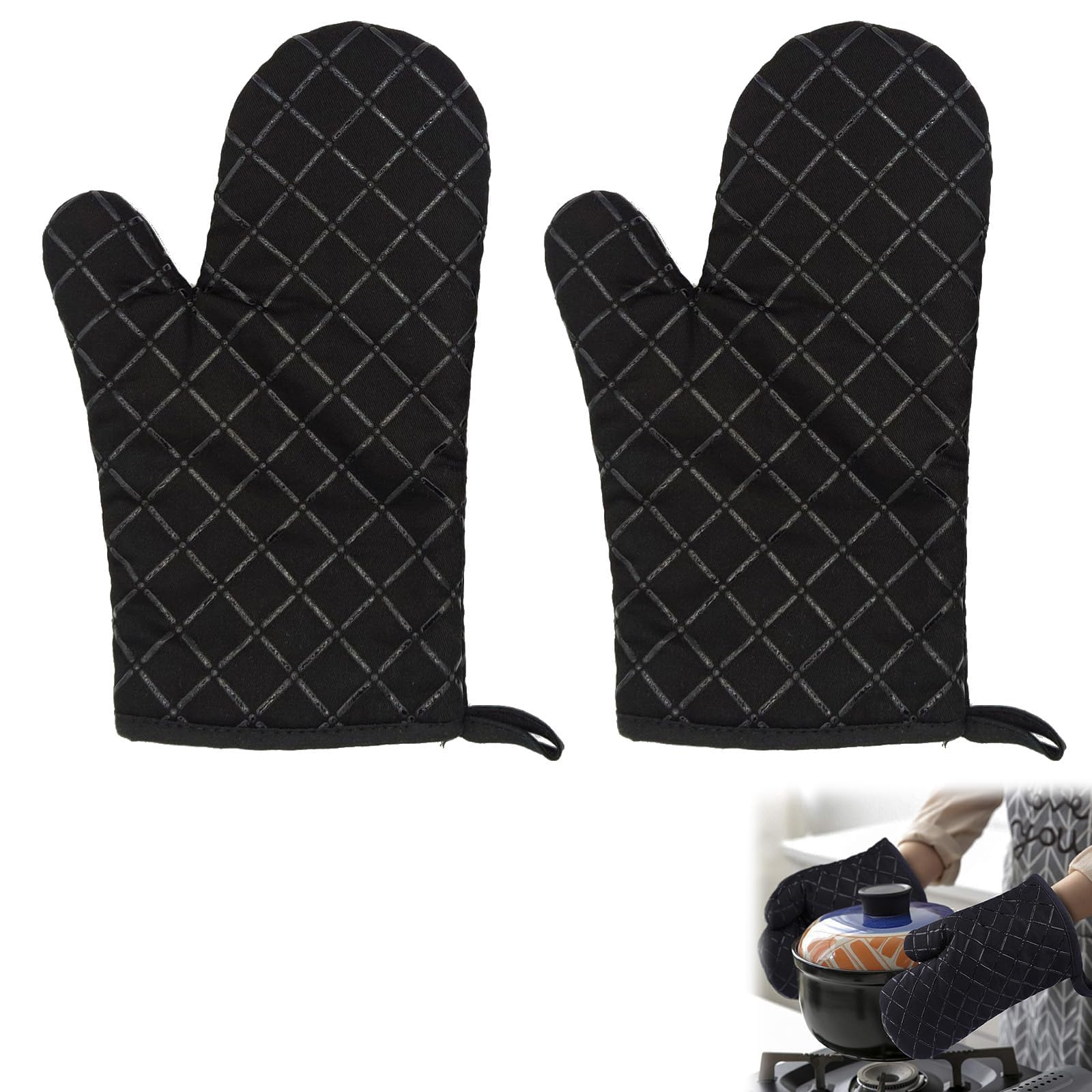 1 Pair Oven Gloves, Heat Resistant Silicone Oven Gloves Non-Slip Kitchen Oven Mitts, BBQ Accessories for Barbecue Grilling Pizza Microwave, for Grilling/Cooking/Baking/Barbecue (Black)