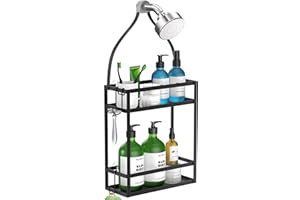 Meangood Shower Caddy, 10.4" x 4.5" x 22.04" Hanging Shower Caddy Organizer Over Shower Head Big Capacity for Shampoo, Conditioner with Hooks for Razor/Sponge, Matte Black