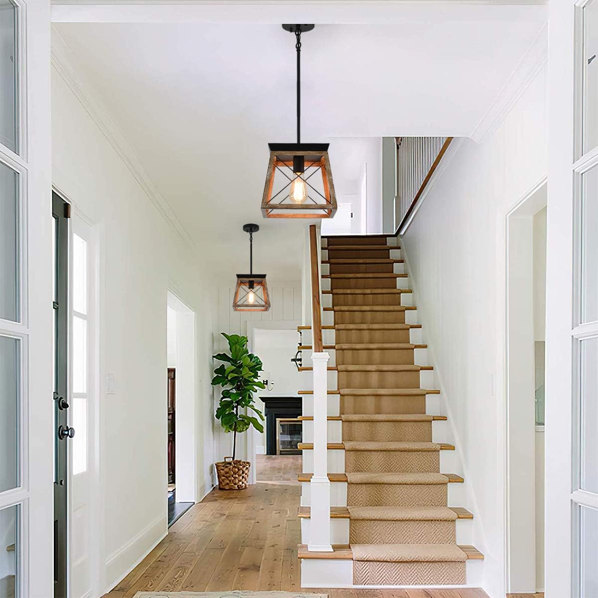 Ganeed Farmhouse Pendant Light Metal Cage Rustic Lantern Chandelier Adjustable Height Hanging Light Fixture for Kitchen Island Dining Room Bedroom Foyer E27 Wood Color 1 Light - Image 4
