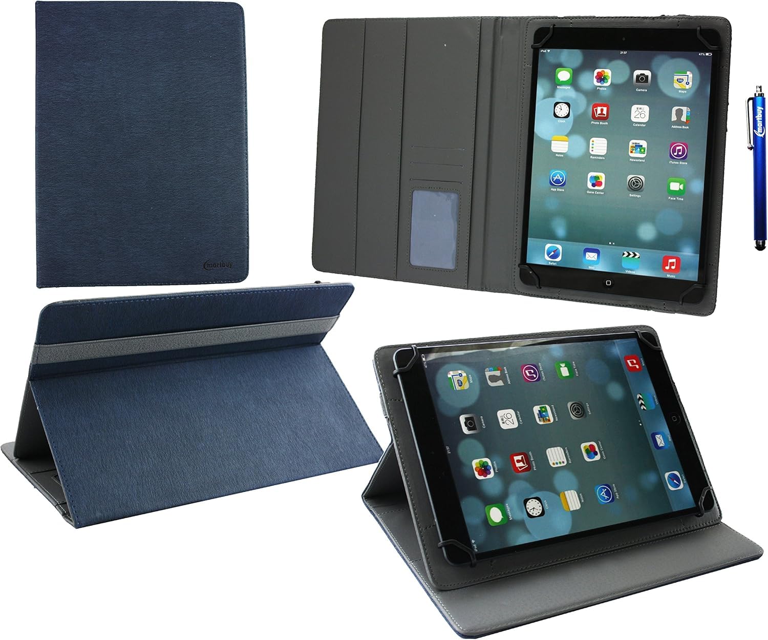 Emartbuy Universal 9.1 Inch - 10.5 Inch Dark Blue Multi Angle Folio Wallet Case Cover With Card Slots Grey Interior Grey Elastic Strap and Stylus Pen Compatible With Selected Devices Listed Below