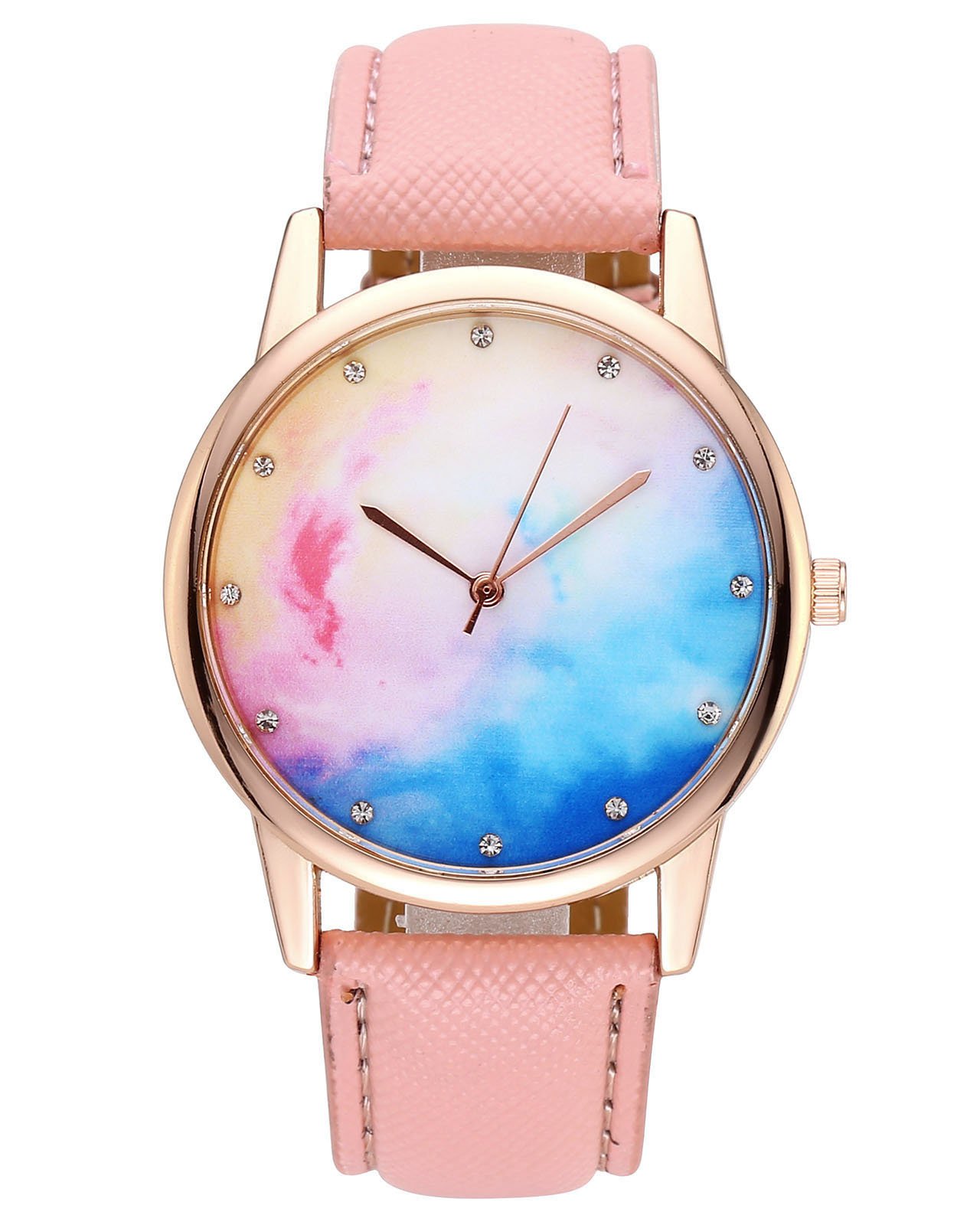 JSDDE Uhren,Fashion Cute Candy Farbe Damen Armbanduhr Sternenhimmel Farbverlauf Kleid Uhren PU Lederband Quarz Uhr,Pink