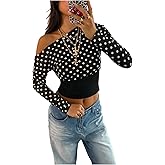 MakeMeChic Women's Polka Dots Crop Tops Asymmetrical Neck Lace Up Backless Long Sleeve T Shirt