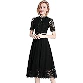LAI MENG FIVE CATS Women's Short Sleeve Elegant Floral Lace Cocktail Party Swing Midi Dance Dress