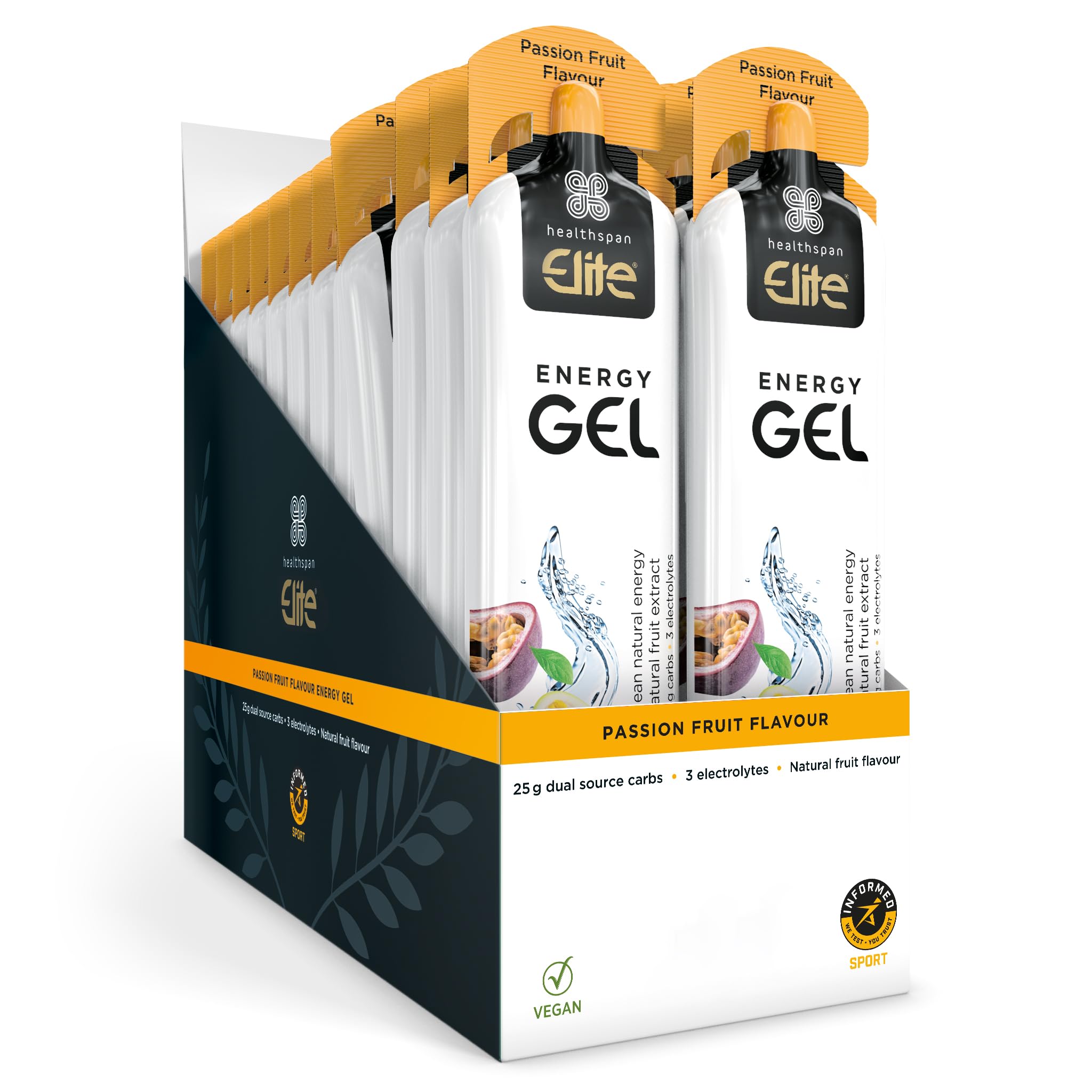 Healthspan Elite Energy Gels (24 Gels) | 25g Dual Source Fast Acting Carbs | 3 Electrolytes- Sodium, Potassium & Calcium | Vegan (Passion Fruit)