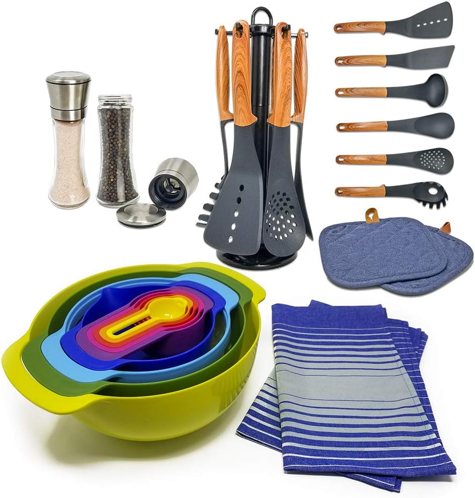 Deluxe Cookware Set with Nesting Mixing Bowls + Cooking Utensils + Salt & Pepper Shakers + Kitchen Towels + Pot Holders