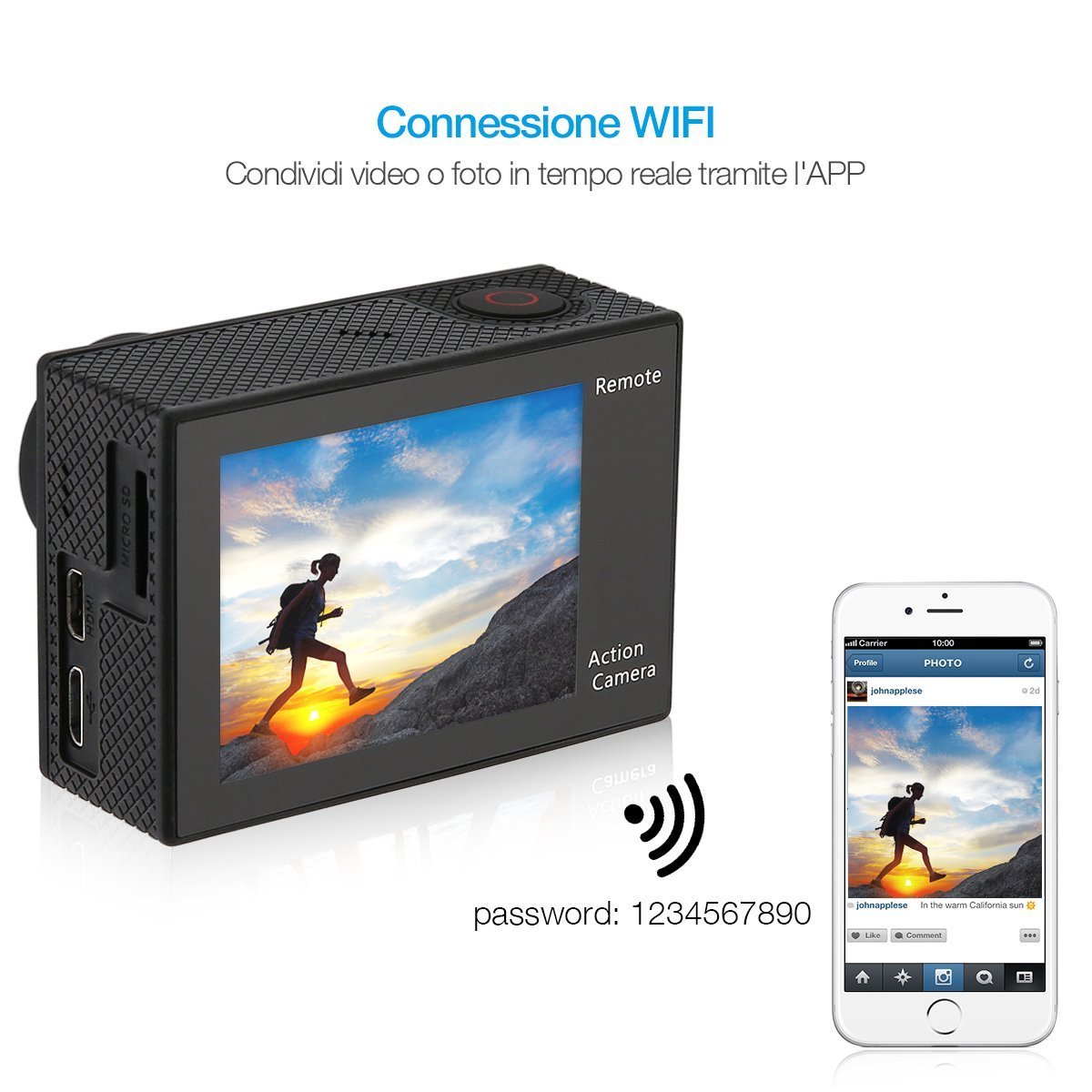 Powerextra Action Cam WIFI 4K, Action Camera Sport Kit | Videocamera 1080P HD | 170°Grandangolare | Custodia Impermeabile 30M | Macchina Fotografica per Subacquea Nuoto