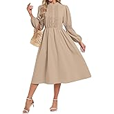 RuoRayVan Women's 2026 Spring Dresses Long Puff Sleeve Crew Neck A Line Elastic Wasit Embroidery Formal Casual Midi Dress