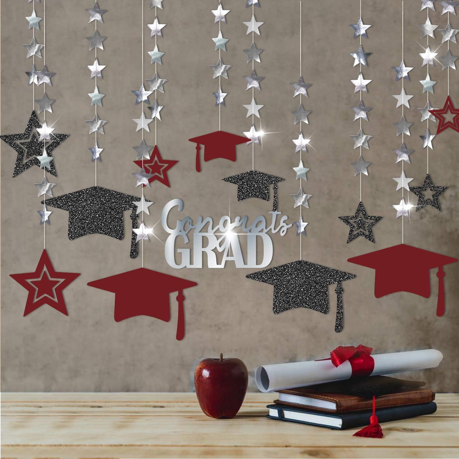 Glitter Burgundy Silver Graduation Party Decoration Black Cap Decor Congrats Grad Banner Star Hat Garland Hanging Streamer Backdrop Background for Party Home Classroom