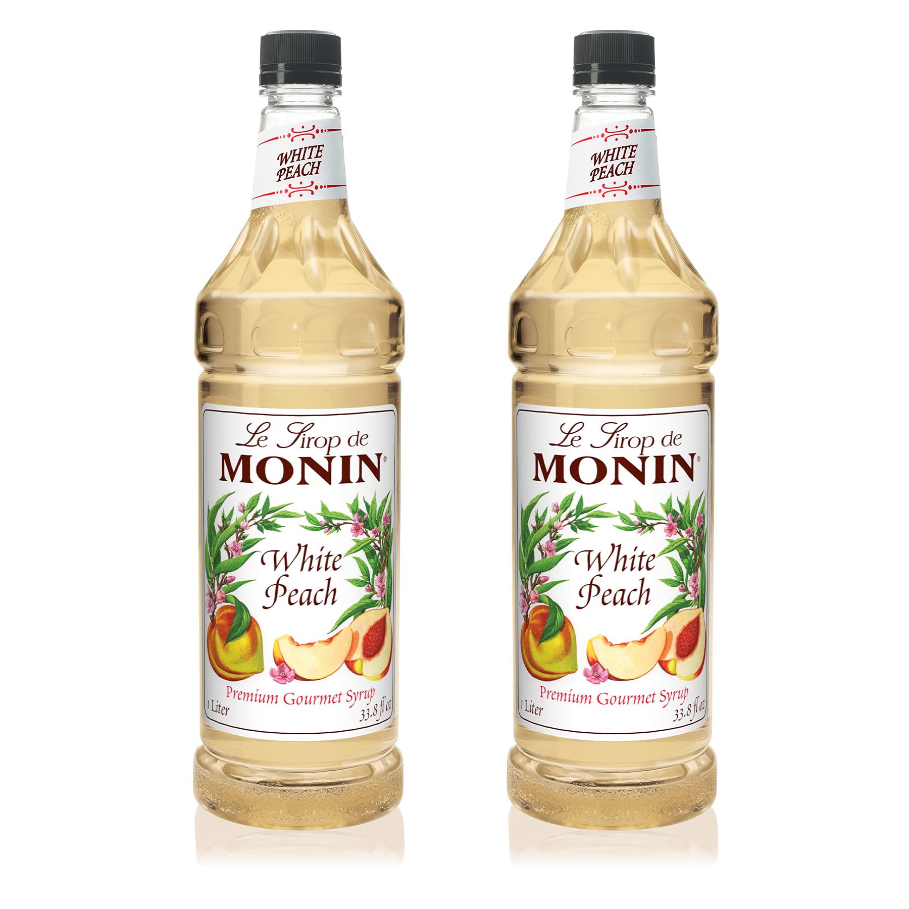 Monin - White Peach Syrup, Juicy Ripe Peach Flavor, Perfect for Cocktails, Mocktails, Iced Teas, & Smoothies, Gluten-Free, Non-GMO (1 Liter, 2-Pack) Image