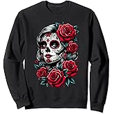 Dia de Muertos Cinco de Mayo Sugar Skull Women Red Roses Sweatshirt