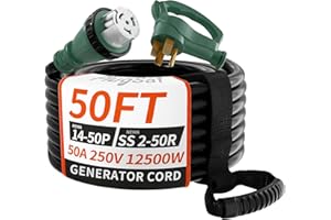 PlugSaf 50 Amp Generator Cord, 50FT 50 Amp RV Extension Cord with Twist Lock, Generator Cable 50A 4 Prong Green, NEMA 14-50P/SS2-50R Heavy Duty STW Wire for RV Camper & House