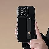 FABSPARK Phone Case for iPhone 14 Pro Max with Flexible Adjustable Soft Finger Hand Wrist Strap Holder Kickstand,Wave Design Wavy Frame Silicone Aesthetic for iPhone 14 Pro Max Phone Case,Black