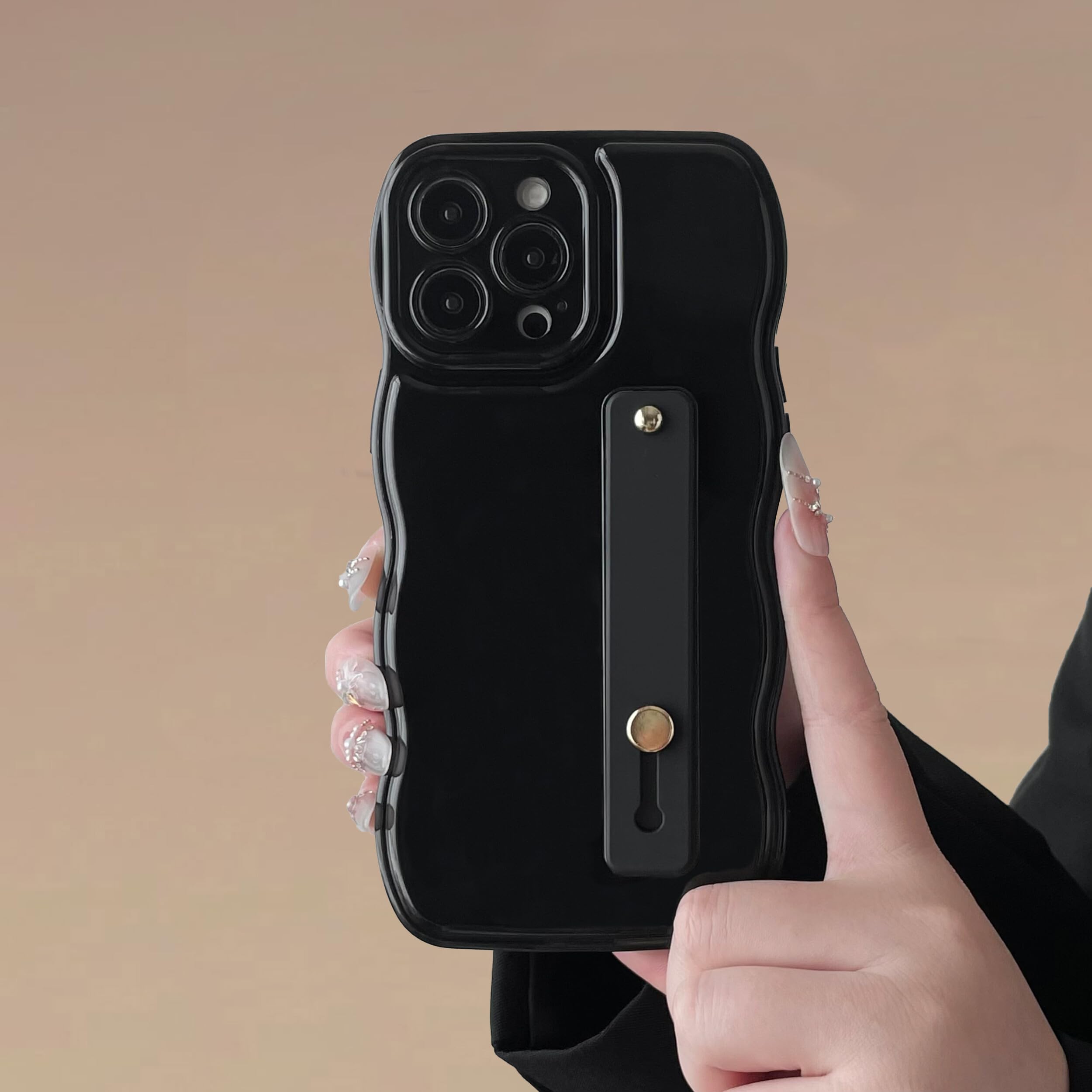 FABSPARK Phone Case for iPhone 12 Pro Max with Flexible Adjustable Soft Finger Hand Wrist Strap Holder Kickstand,Wave Design Wavy Frame Silicone Aesthetic for iPhone 12 Pro Max Phone Case,Black
