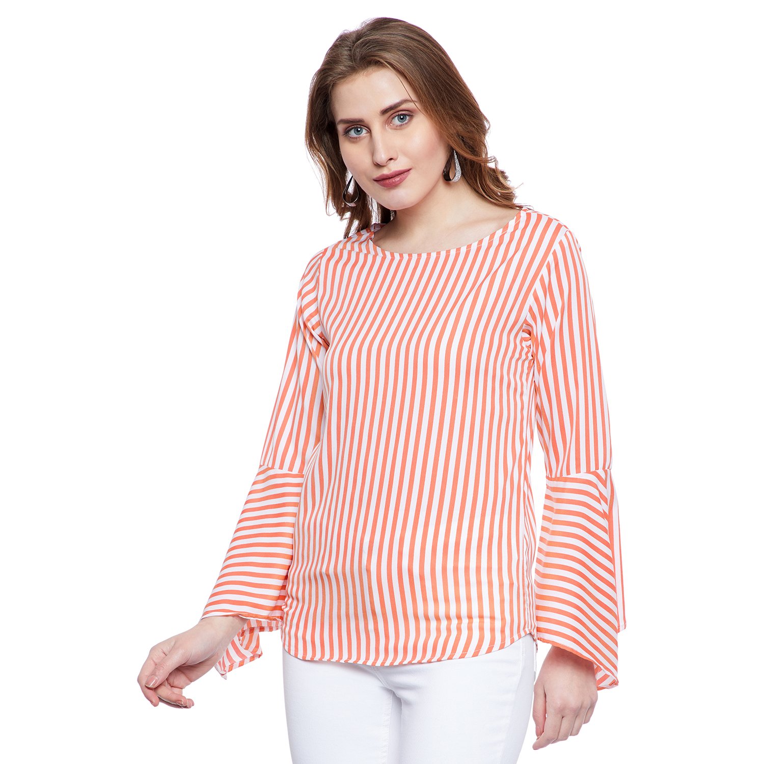 fabulous me women's striped bell sleeve top (white & orange)