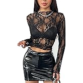 ABAFIP Women's Mesh Sheer Long Sleeve Mock Neck Tops Ruffle See Through Lace Blouse Top Shirts