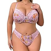 SecWpnConfy Womens Plus Size 2 Piece Lingerie Set Sexy Floral Lace Underwired Push Up V Neck Bra Babydoll Outfits Nightwear