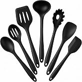 E-far Black Silicone Cooking Utensils Set, 7PCS Nonstick Kitchen Utensils | Heat Resistant Kitchen Tools, Spatula Ladle Cooking Spoon Pasta Server for Nonstick Cookware, Non-Toxic &amp; Dishwasher safe