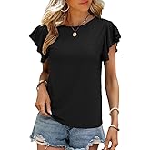 SHEWIN Womens Summer Tops Casual Crewneck Ruffle Short Sleeve T Shirts Hollow out Tunic Top Loose Fit