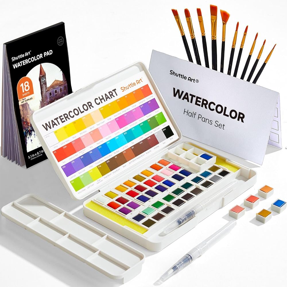 Shuttle Art 48 Color Watercolor Set Half Pan 2 Brushes 10 Brushes Pad Palette