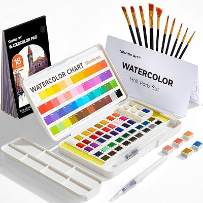 Shuttle Art 48 Color Watercolor Set Half Pan 2 Brushes 10 Brushes Pad Palette