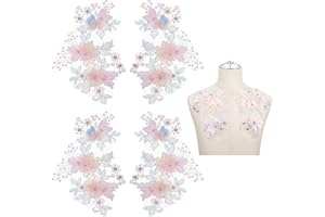 PLIGREAT 4 Pcs Floral Embroidered Mesh Appliques, Beaded Rhinestone Flower Applique Patches Sewing On Decorative Fabric Appliques for DIY Wedding Brides Prom Dresses Tailors Shop Clothes Accessories