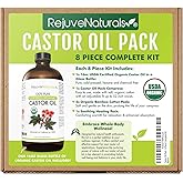RejuveNaturals Castor Oil Pack - 8 Piece Complete Kit. Includes 16oz Glass Bottle of Organic Castor Oil, Easy to use Castor O