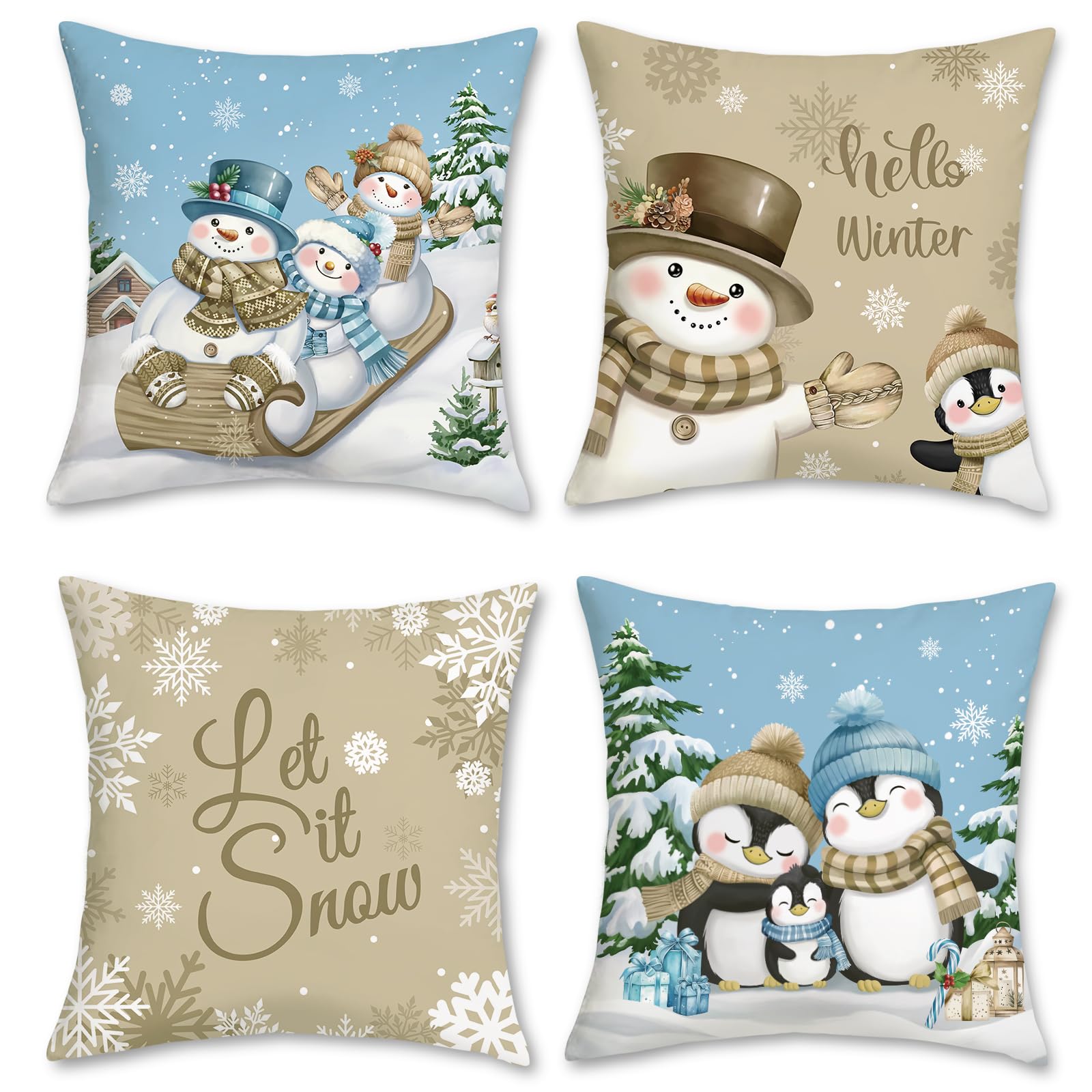 Bonhause Hello Winter Cushion Covers 45 x 45 cm Snowman Penguin Snowflake Khaki Blue Decorative Throw Pillow Covers for Sofa Couch Bed Home Winter Holiday Decor Set of 4