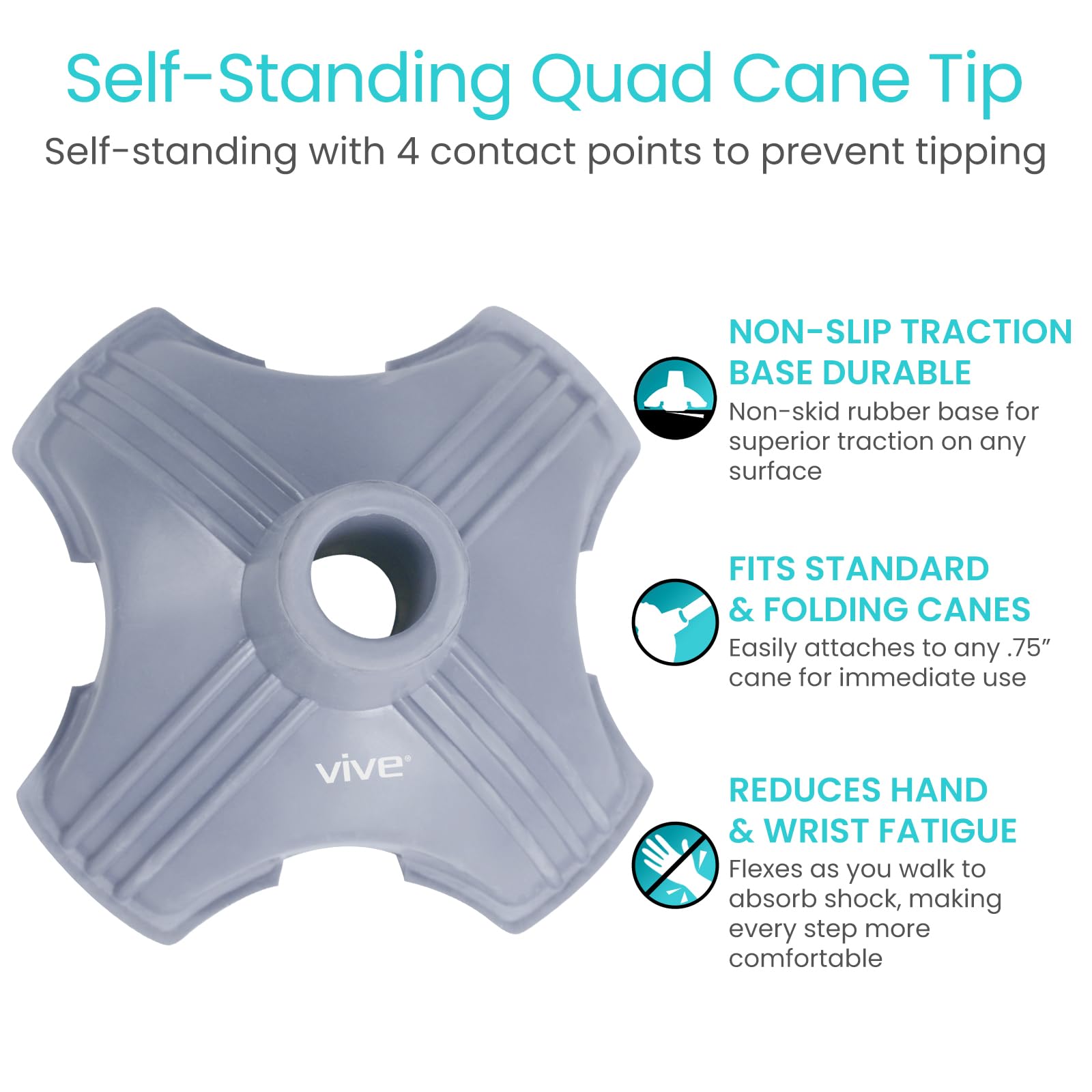 Vive Cane Tip - Self Standing Quad Base Replacement for Most Walking Canes, Walking Sticks, Folding Canes or Offset Quad Pod or Tripod Canes - 4 Prong Rubber Cane Foot Pad