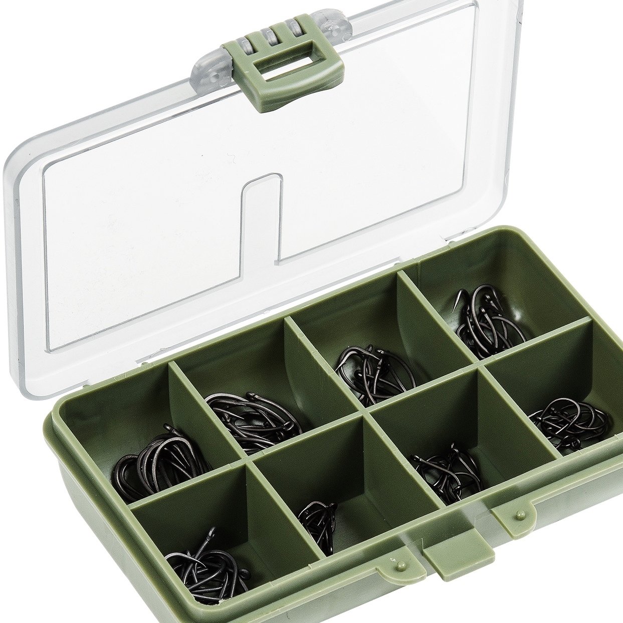 FLADEN 80 Assorted Barbless Curved and Wide Gape CARP FISHING HOOKS (Size 4, 6, 8 and 10) in Multiple Section Tackle Storage Box - 15cm x 12cm x 3cm