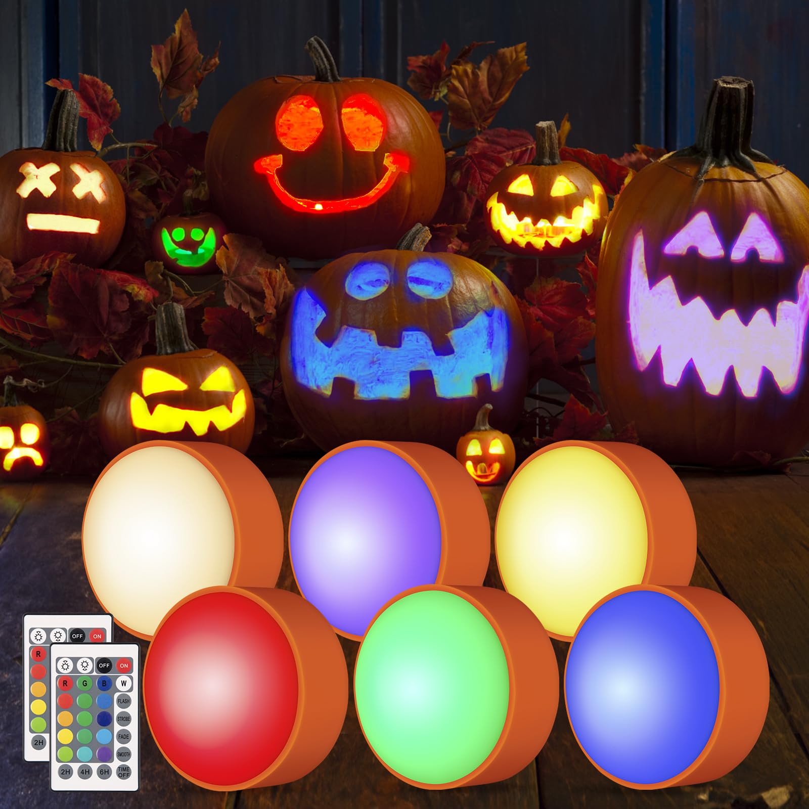 Photo 1 of Halloween LED Flameless Pumpkin Lanterns, Battery Operated Jack-O-Lantern Lights with Remote Control and Timer, RGB Dimmable Color Changing Lights for Halloween and Pumpkin Decoration - 6 Pack
