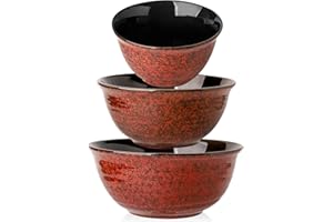 Hasense Mixing Bowls Set of 3, Procelain Serving Bowls Set for Cooking, Baking, Large Nesting Bowls for Salads, Fruit, 2.1/1.5/1.0 Qt, Dishwasher & Microwave Safe, Red