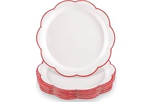 NatNarr 30 Pcs Red and White Paper Plates, 9 Inch White Plates with Red Trim Scalloped Christmas Paper Plate Disposable for Christmas, Baby Shower, Wedding, Bridal Shower