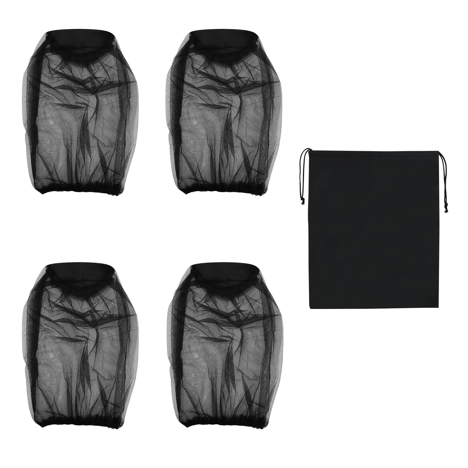 4 Pcs Midge Head Net with Drawstring Bag, Nylon Mosquito Head Protecting Net Midge Net Head Cover Fly Insects Bugs Preventing Cover for Outdoor Hiking Camping Fishing Climbing Walking Black