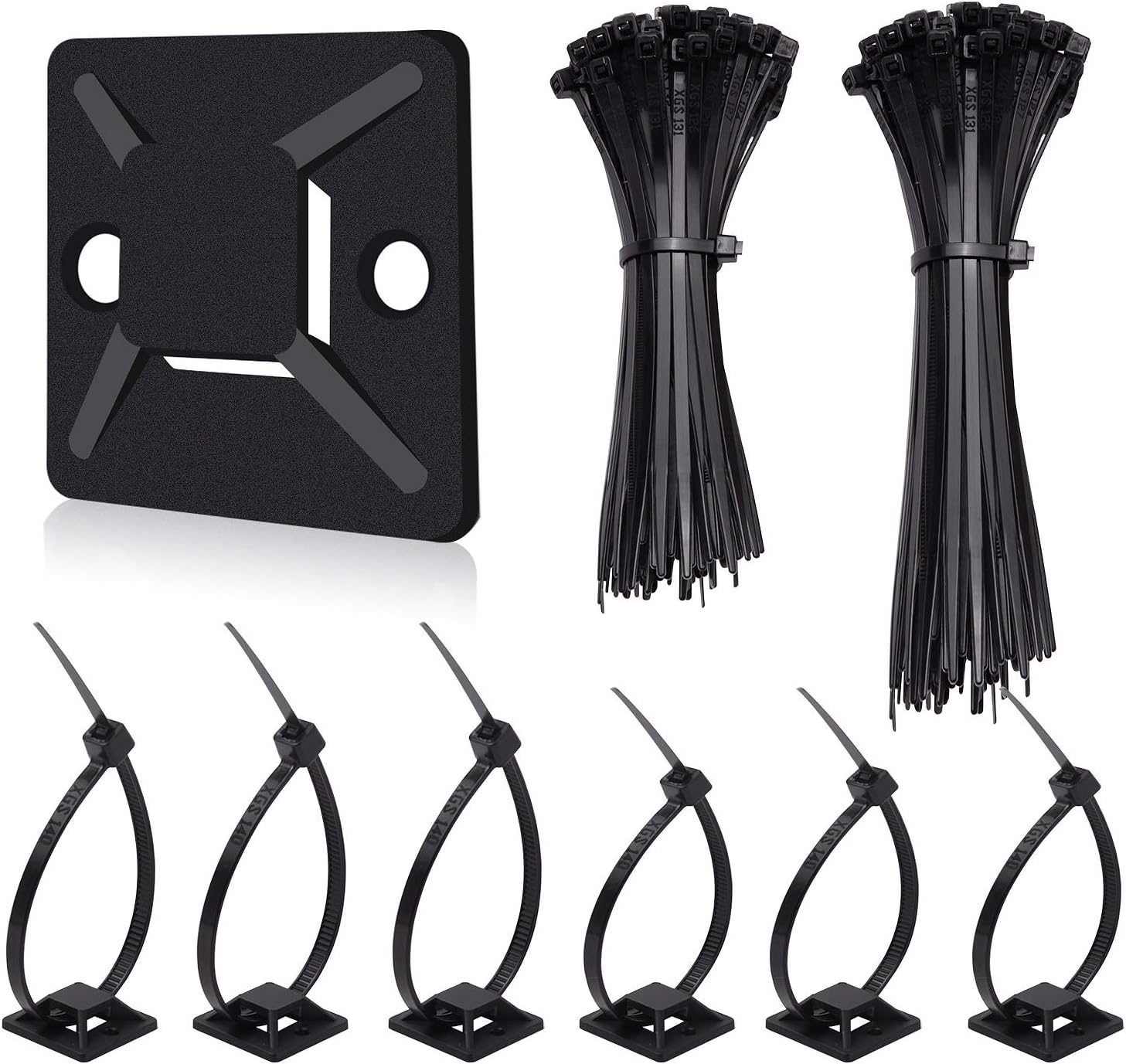 200Pcs Cable Zip Ties+100Pcs Self Adhesive Wire Tie Mount Base Holders