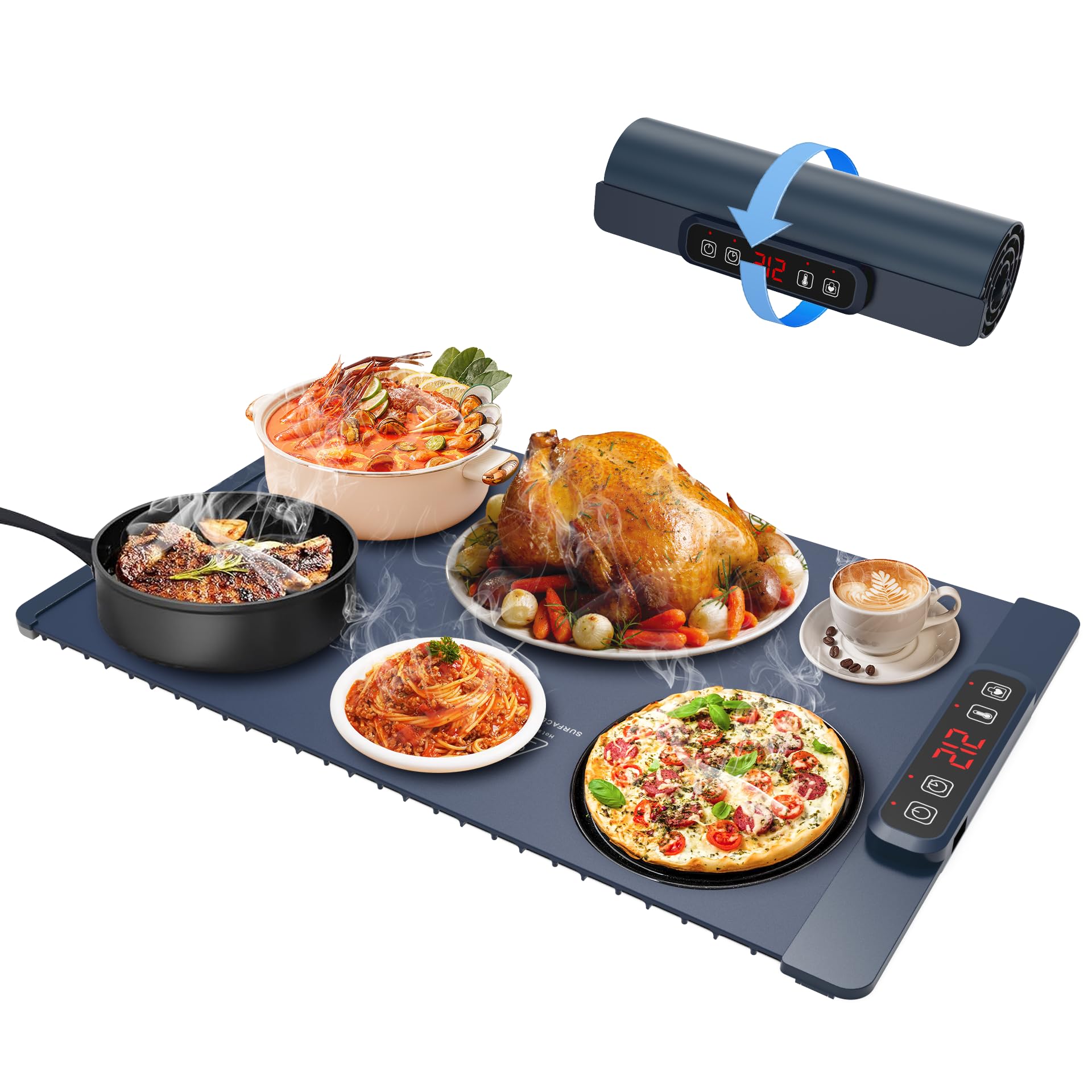 Photo 1 of 10s Rapid Heating Food Warming Mat, 5 Temperature Settings Silicone Electric Heating Tray with 1-4H Timer & Child Lock, Foldable Portable Food Warmer for Family Gatherings/Camping/Baking, Dark Blue