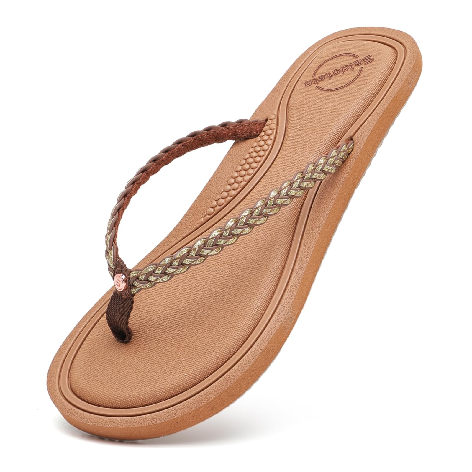 Photo 1 of Saidoteto Women's Glittery Dressy Flip Flops, Casual Braided Slip-On Summer Beach Thong Sandals with Slim T-Strap. W240412 Brown Size 8