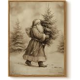 WHASAYART Vintage Santa Claus Carrying Christmas Tree Wall Art, Retro 12x16 Framed Canvas Print, Rustic Sepia Tone Santa with Pine Tree Artwork, Classic Winter Holiday Entryway Bedroom Home Décor
